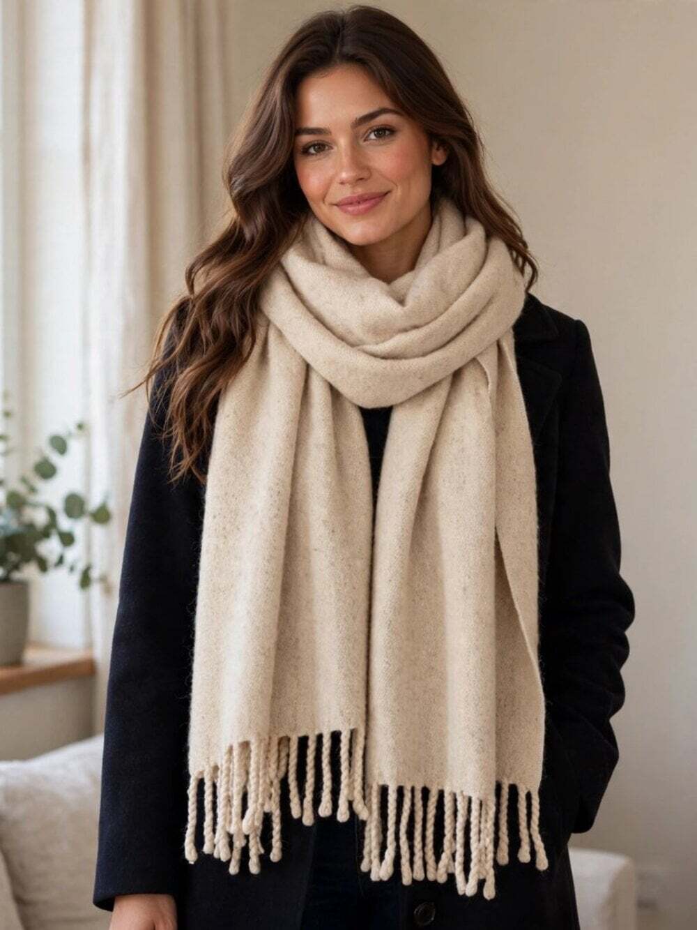 Vintage 100% Wool Blanket Scarf OS Cream Fringe Oversized Winter Wrap